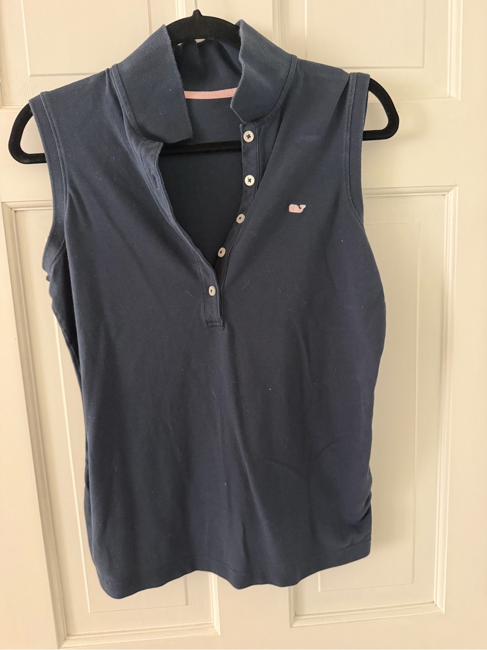 Vineyard Vines Navy Sleeveless Polo with Pink Whale Logo